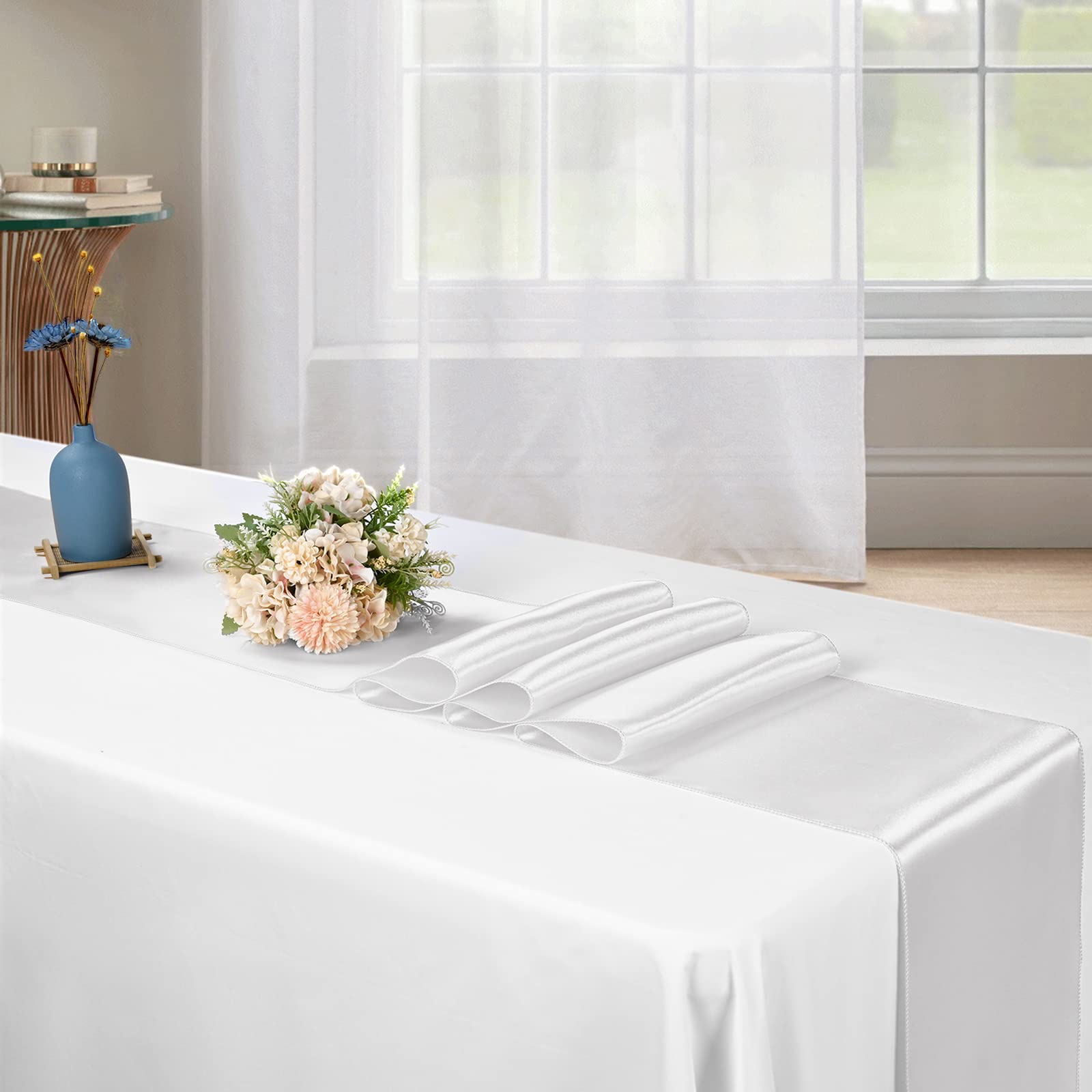 MILVOWOC Satin-Tischläufer Set – 10 Stück, Je 30,5 X 274,4 Cm, Weiß, Aus Polyester Für Hochzeit & Feiern