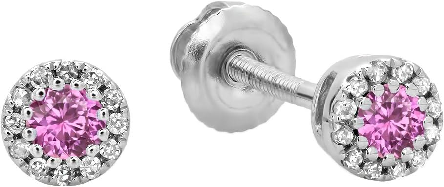 Dazzlingrock Collection 2.5mm Round Pink Sapphire & White Diamond Halo Stud Earrings for Women in 18K Solid Gold