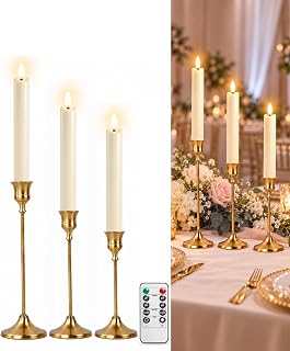 Candlestick Holder Set of 3, with 3 Flameless Candles & 1 Remote(Gold) | Taper Candle Holders, Metal Non Slip Stable Base, for Home Decor, Holiday Party, Pet & Kid Friendly