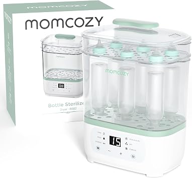 Momcozy 8-in-1 Electric Steam Bottle Steriliser and Dryer up to 8 Bottles | Thaw and prepare baby food, Fast Sterilizing and Drying, Multi-Function Sterilizer for busy parents
