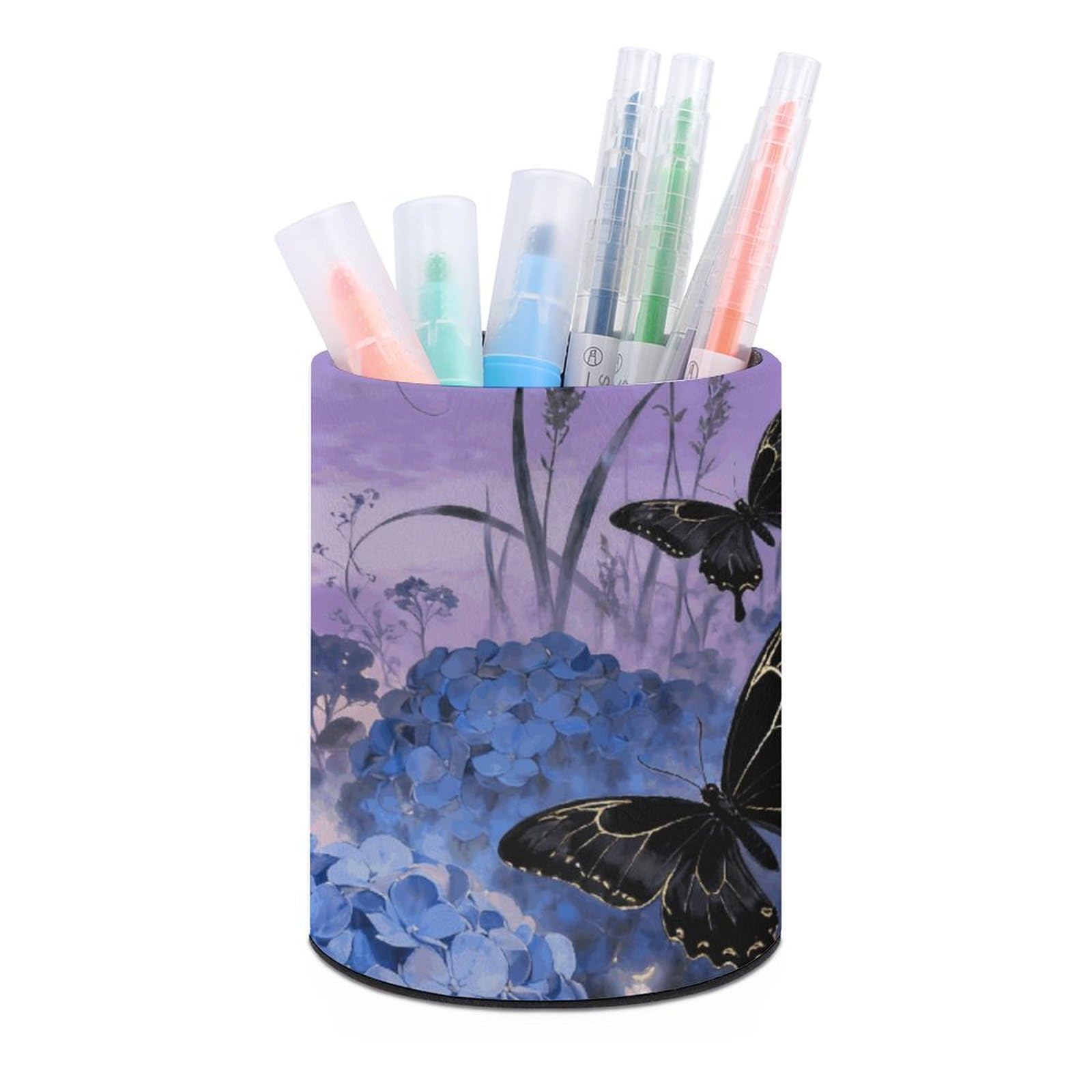DWVTSLH Aesthetic Pen Holder for Desk - Modern Leather Pencil Holder - Stylish Round Makeup Brush Holder - Swallowtail Hydrangea Pen Cup Cute And Functional Desk Organizer for Office Supplies