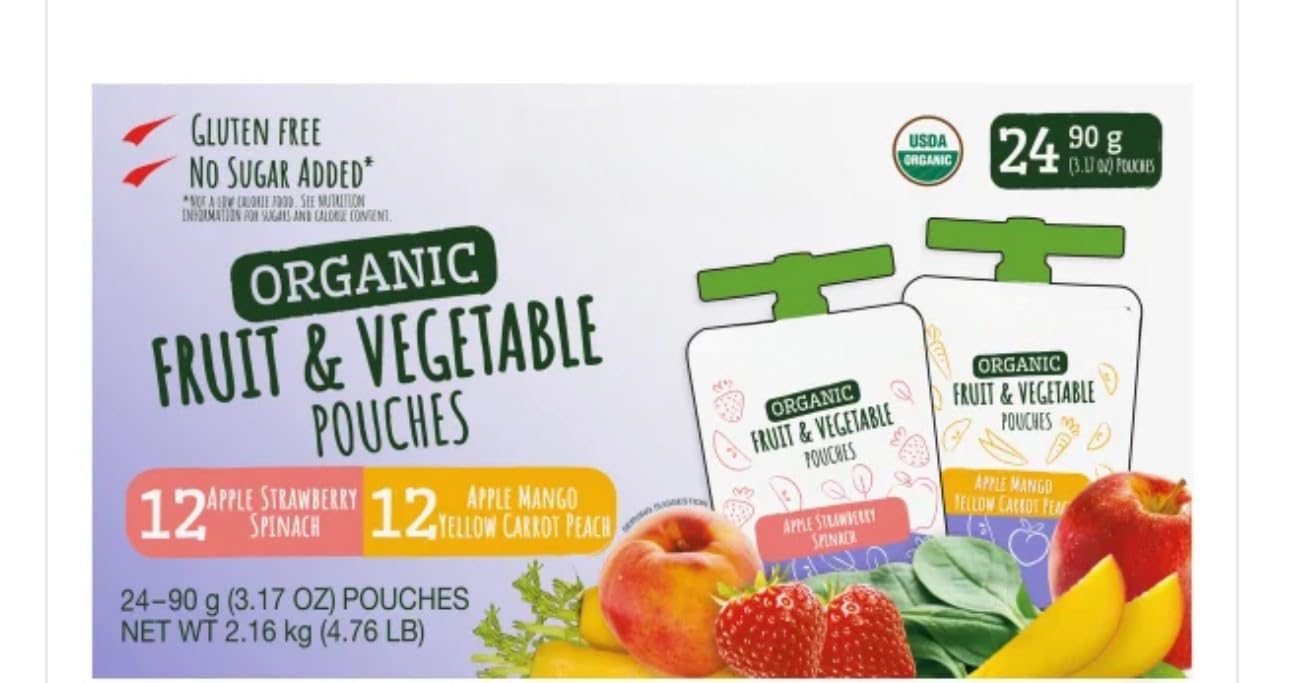 Organic Fruit & Vegetable Pouches – 24-Count Variety Pack, Kirkland Quality – No Sugar Added, Gluten-Free, USDA Organic