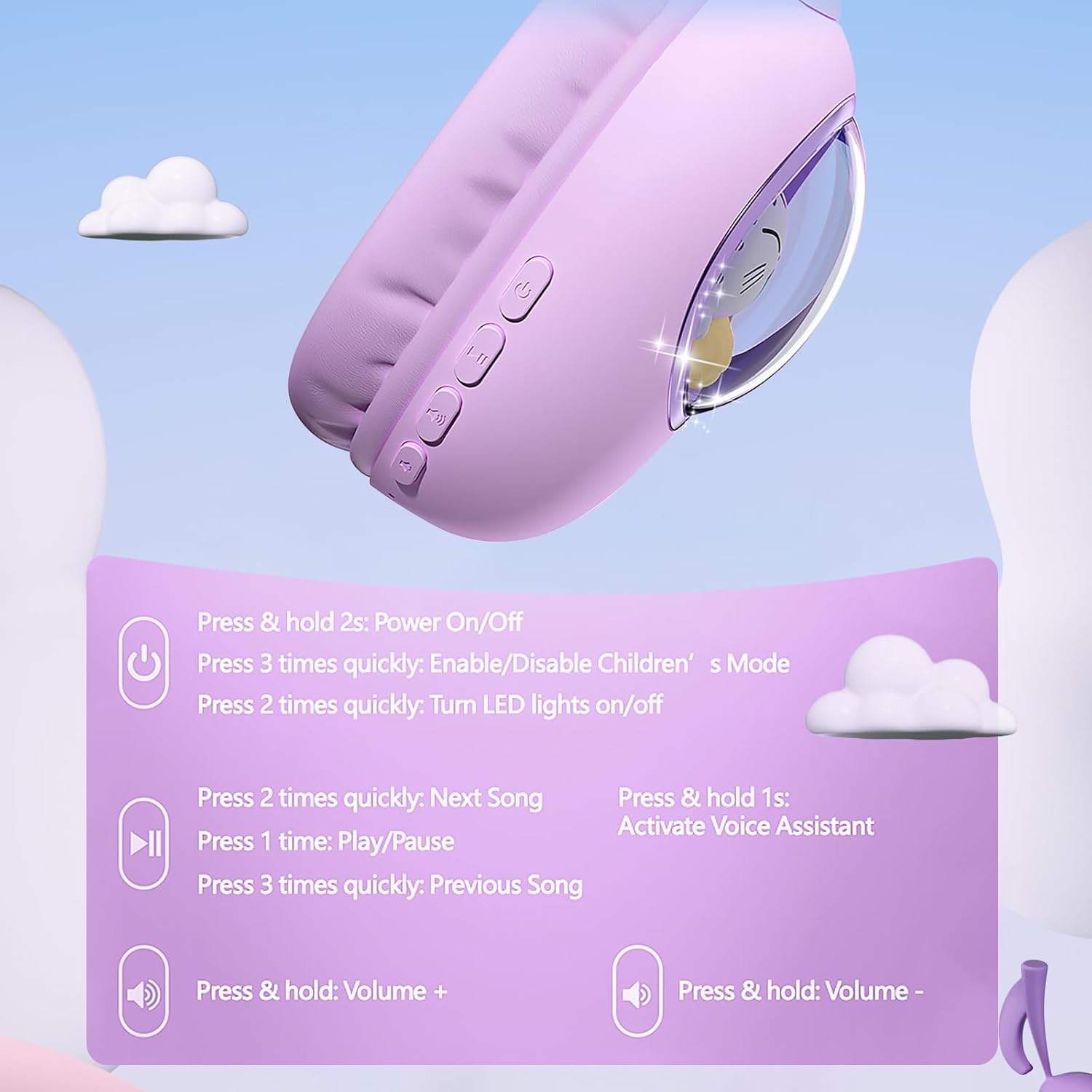 esonstyle Cat Ear Headphones for Kids - Bluetooth 5.4 On-Ear Noise Cancelling Headphones with Microphone 85dB Safe Volume Limit Wireless or 3.5mm Wired Mode USB C for School Learning Travel (Purple)