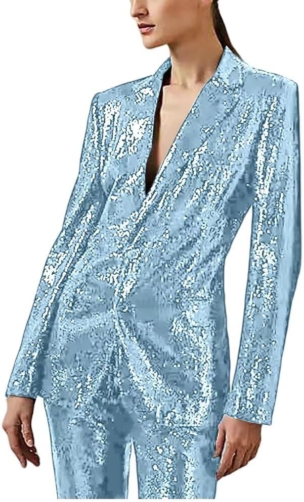 Women Suits 2 Piece Shiny Sequin V Neck Jacket Blazer Pants Sets for Prom Dinner Party