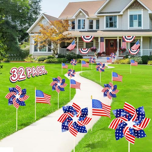 Image of 100PCS 4th of July Decorations Patriotic Set – 100PCS American Flags and Pinwheels Wind Spinners Red White Blue Independence Day Memorial Day Labor Day Outdoor Yard Garden Patio Parade Party Supplies