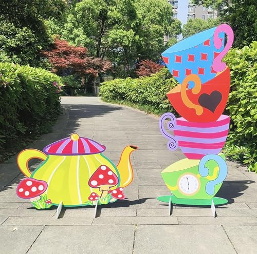 Alice Party Decorations Wonderland Yard Decor,Garden Tea Party Decorations Yard Stakes Stand Set, 1 Set Stacked Teacups and 1 Set Teapot with Brackets