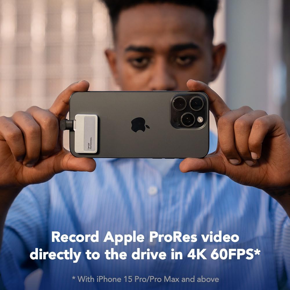 Lexar Profesjonalny przenośny dysk SSD 2 TB, ultrakompaktowy, obsługuje Apple ProRes, odczyt do 1050 MB/s i zapis 1000 MB/s, USB 3.2 Gen 2, IP65, odporny na kurz i wodę, do iPhone'a 15/16 Pro, srebrny