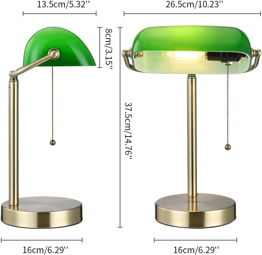 Newrays Traditional Green Glass Bankers Desk Lamp with Pull Chain Switch Plug in Fixture,LED Bulb Included