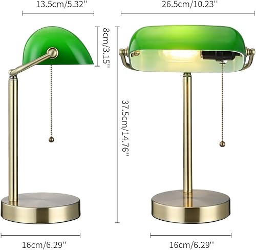 Miniatura 4 de Newrays Lámpara de escritorio tradicional de cristal verde banqueros con interruptor de cadena enchufable, bombilla LED incluida