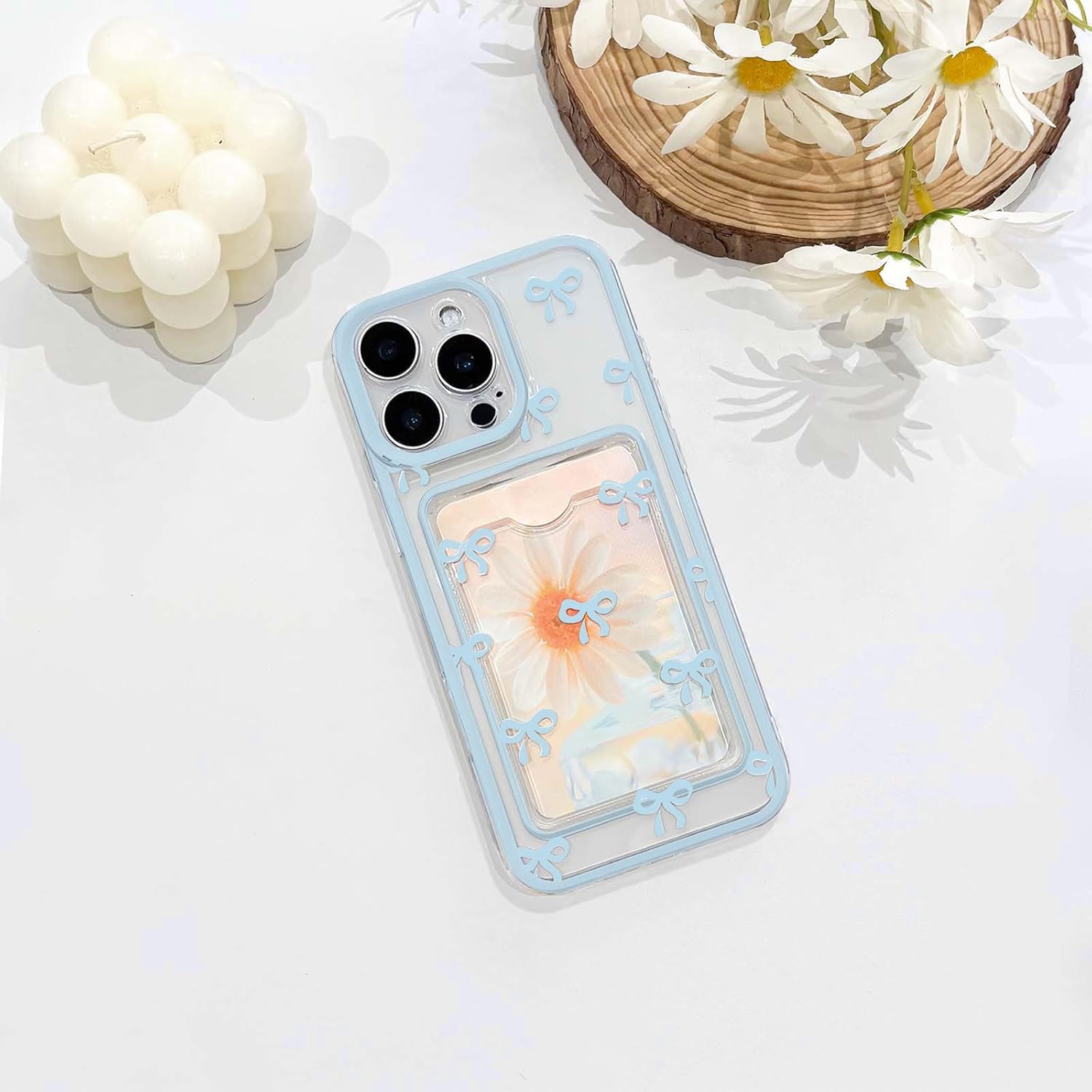 NITITOP Compatible with iPhone 15 Pro Max Case with Card Holder Clear Cute Bow Ribbon for Women Girls Colorful Frame Soft TPU Wallet Shockproof Protective Cover - Blue - Image 3