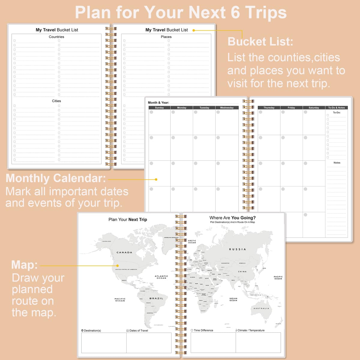Travel Journal for Women & Men, Vacation & Road Trip Planner Organizer, Travel Notebook for 6 Trips - Image 3