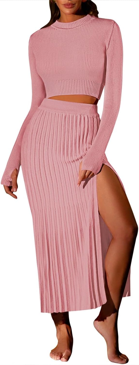 Pink Queen Women's 2 Piece Sweater Outfits Set Long Sleeve Crop Top Ribbed Split Bodycon Midi Long Skirt Knit Dresses
