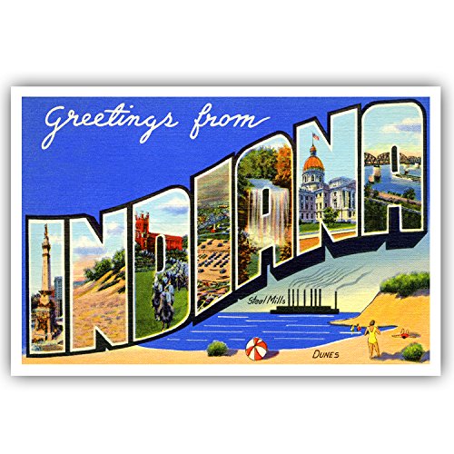 GREETINGS FROM INDIANA vintage reprint postcard set of 20 identical postcards. Large letter US state name post card pack (ca. 1930's-1940's). Made in