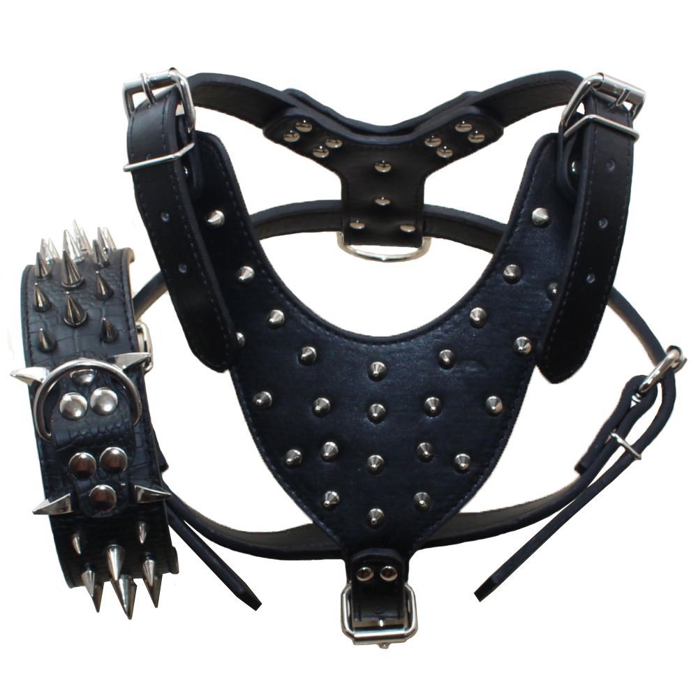 Haoyueer Leather Sharp Spiked Studded Medium & Large Dog Collars, Harnesses 2Pcs Matching Set for Pit Bull,Mastiff, Boxer, Bull Terrier(Black,L)