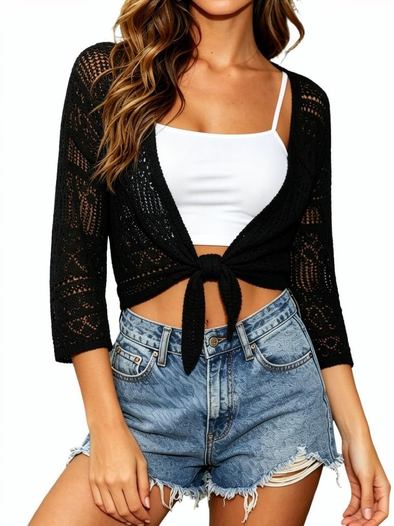 Spicy Sandia Women’s Crochet Shrugs Tie Front Summer Cardigan Lightweight