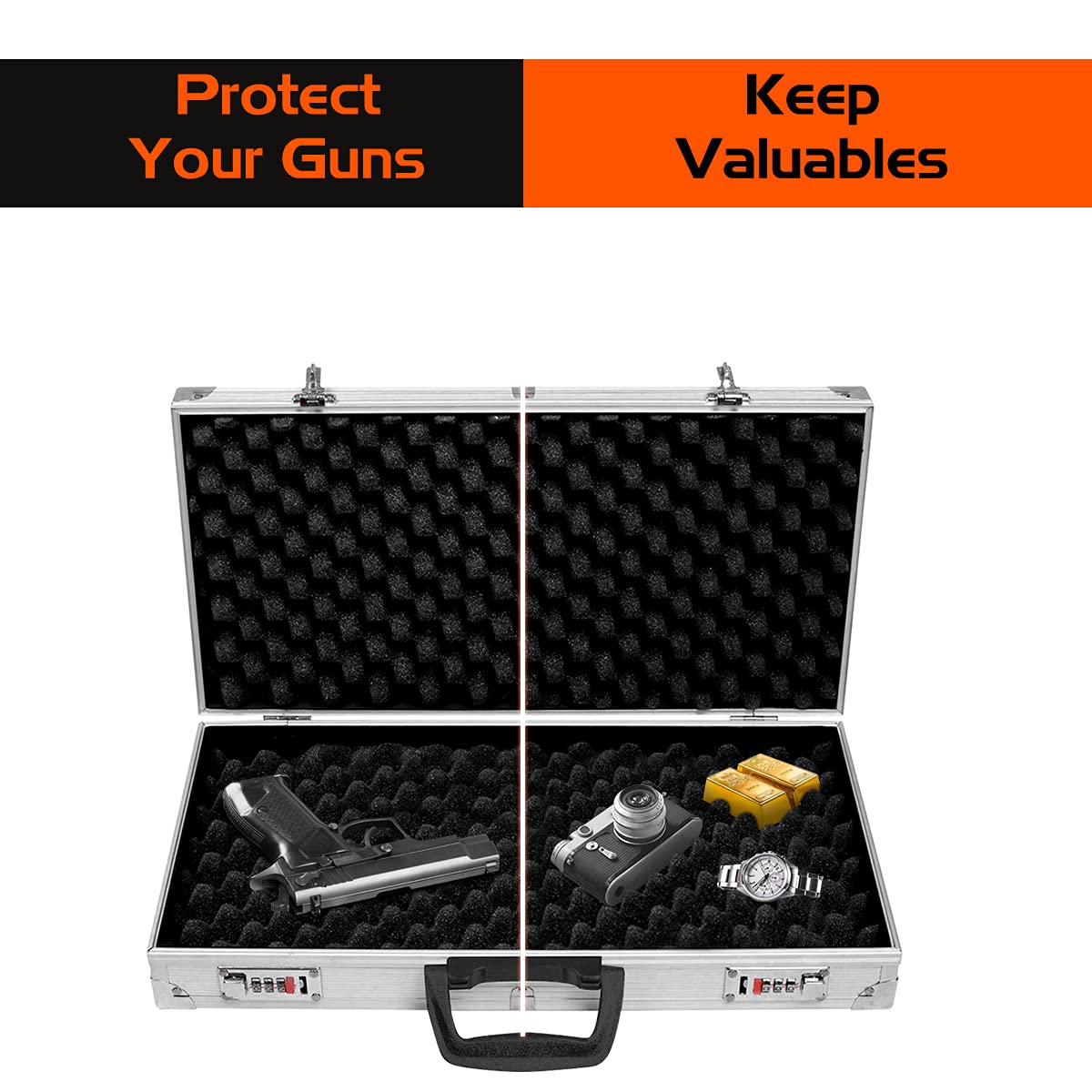 RELAX4LIFE Waffenkoffer für Pistole & Kurzwaffen, Gewehrkoffer mit 2 Zahlenschlössern, Pistolenkoffer mit Griff, Jagdkoffer mit Innenfutter aus Schaumstoff, ABS & Aluminium, 47 x 25 x 8,3 cm, Silber