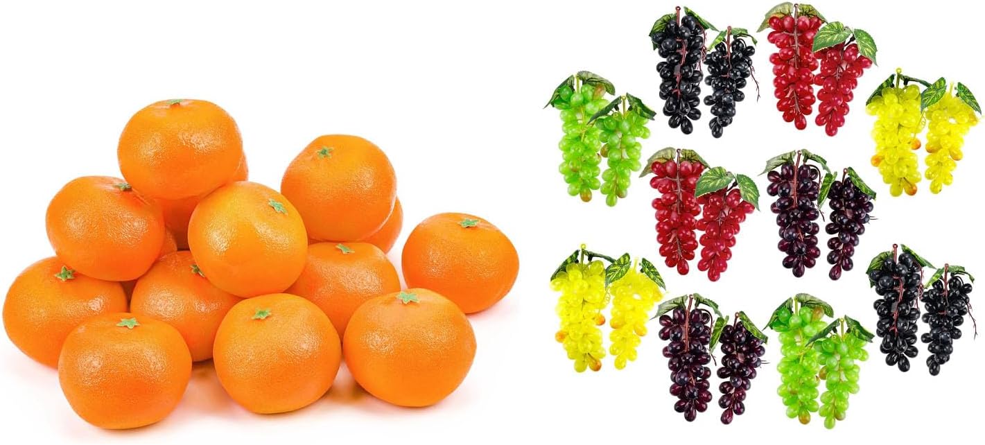 Toopify Bundle of 16 Pcs Artificial Oranges and 20 Bunches Artificial Grapes for Christmas Home Kitchen Festival Party Decoration