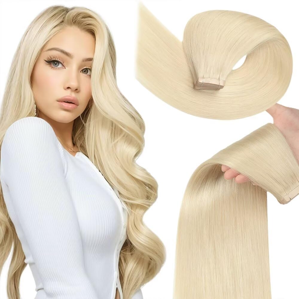YDDM Tape Extensions Echthaar Hellblond 20pcs 35cm 40g Bleichblond Remy Invisible Tape in Extensions Echthaar Blonde Tapes Ins Dunkelblond Tape Extensions Skin Weft Haarverlängerung(14Zoll,60#)