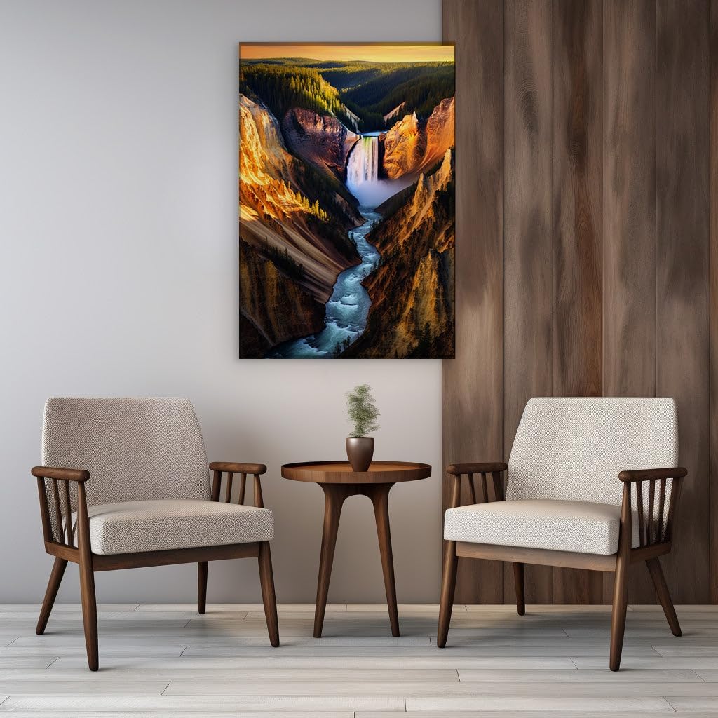 Canvas for Living room. Majestic Lower Yellowstone Falls: A Vibrant Masterpiece of Nature's Splendor, 27 x 18 inch Canvas Wall Art - Contemporary Masterpieces - Modern Home Decor