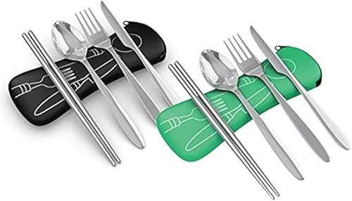 Set de 4 unidades (cuchillo, tenedor, cuchara, palillos) para ViajesCamping Cubertería de acero inoxidable con funda de neopreno
