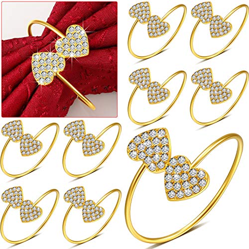 Patelai 24 Pieces Napkin Rings Heart Napkin Rings Rhinestone Napkin Holder Ring Rustic Napkin Ring Holiday Napkin Rings for Christmas Wedding Holiday Banquet Dinners Valentine's Day (Gold)