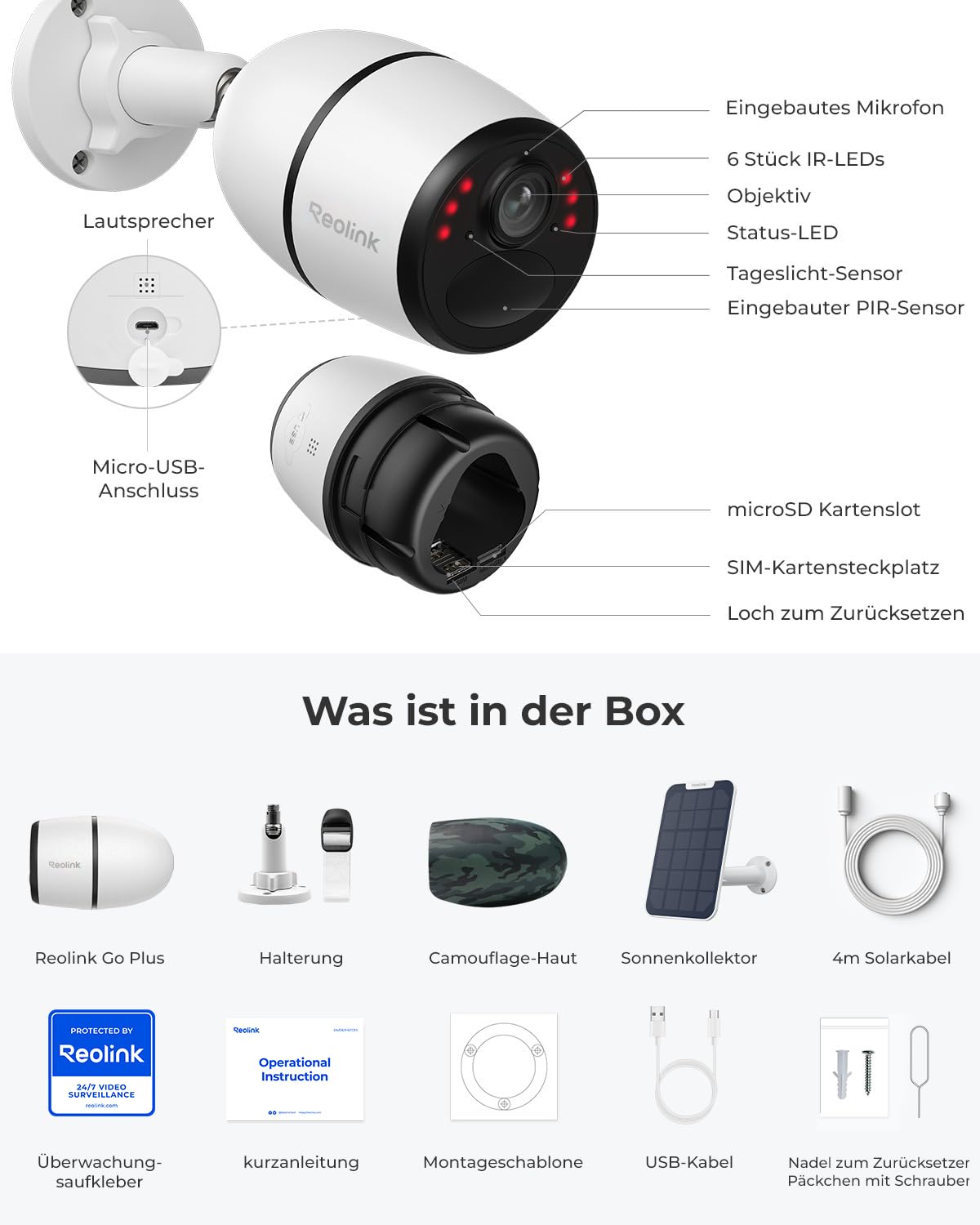Reolink 3G/4G LTE Überwachungskamera mit SIM-Karte, Personen-/Autoerkennung | 2K 4MP HD Akku Kamera Aussen Ohne WLAN, Videoüberwachung, Kompatibel mit Alexa/Google, 2-Wege-Audio, Go Plus mit Solarpanel