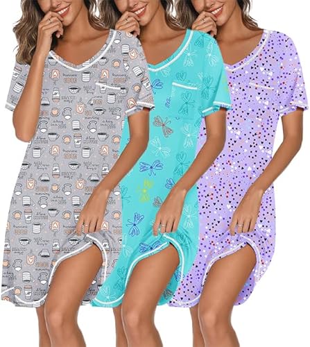 Ekouaer 3 Pack Nightgowns for Women Short Sleeve Sleep Shirts T Shirt Night Gown V Neck Nightshirts Soft Sleepwear Dress