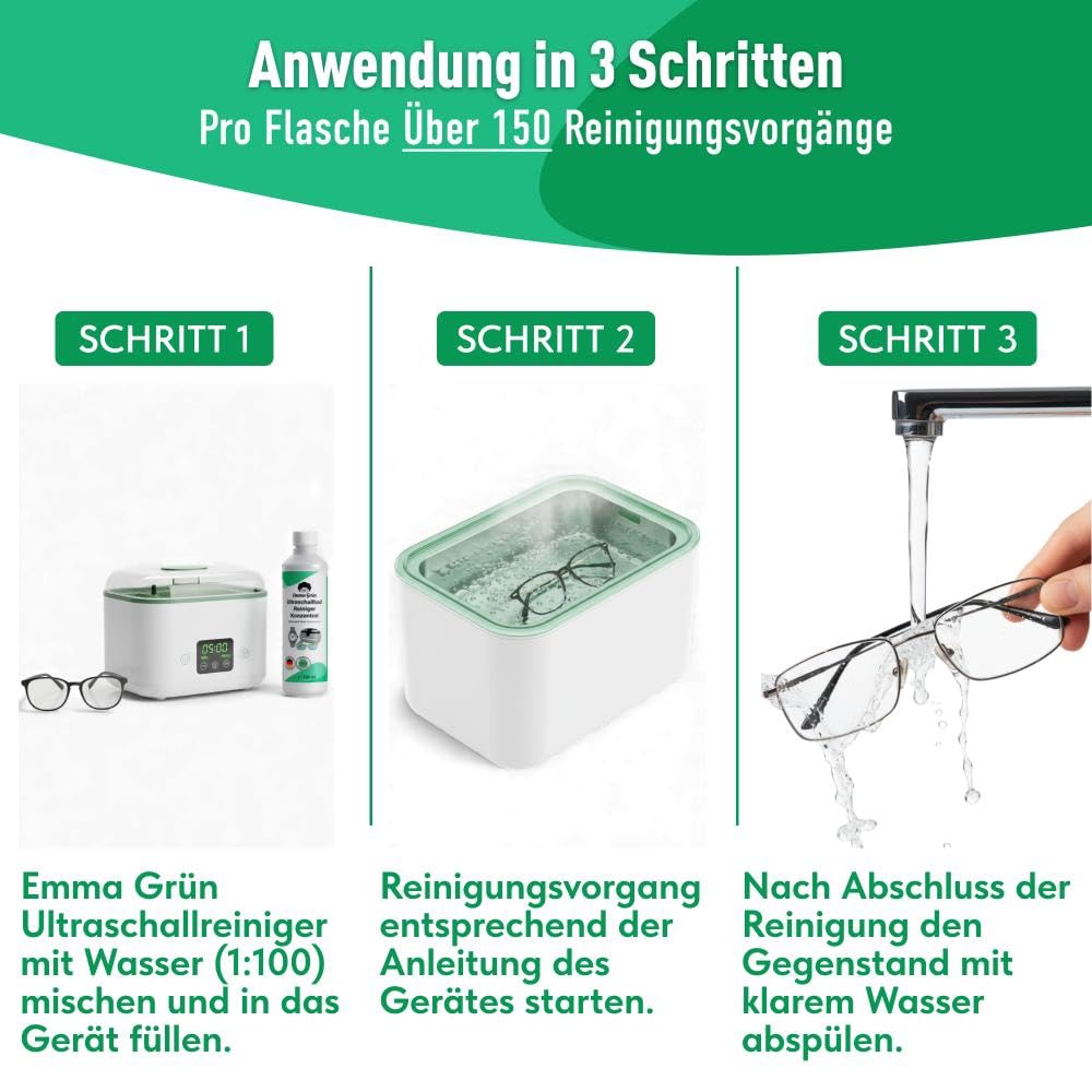 Emma Grün® Ultraschallreiniger Flüssigkeit 5 x 750 ml – Konzentrat für Brillen, Schmuck & Dentalgeräte – für Ultraschallgeräte (5)