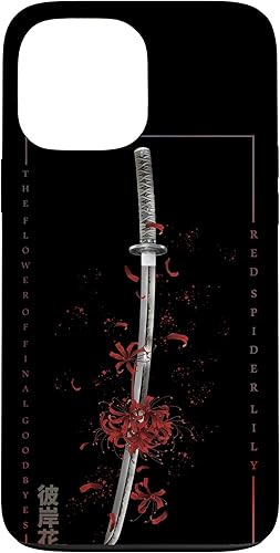 iPhone 13 Pro Max samurai espada anime araña lirio con texto japonés estético caso disponible en Yaxa Colombia