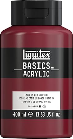 Liquitex 8870320 Basics – Acrylfarbe, monopigmentierte Künstlerpigmente, lichtecht, mittlere Viskosität, Archivqualität, seidenglänzender Finish, 400ml Flasche – Kadmiummiumrot dunkel Farbton