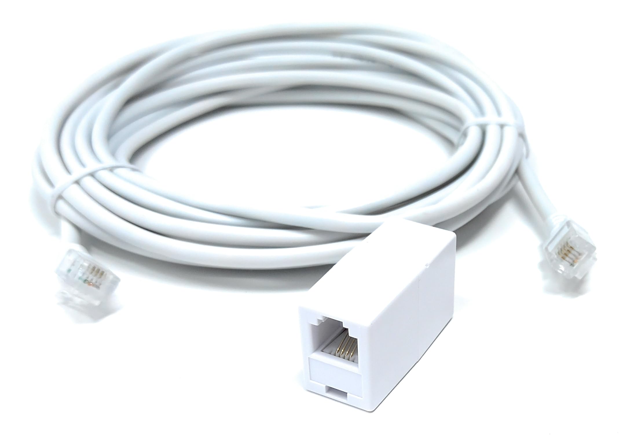 DRUT 5m RJ11 to RJ11 ADSL 2+ Male to Male Cable with Female Coupler, BT Telephone, Broadband, Modem Extension Lead