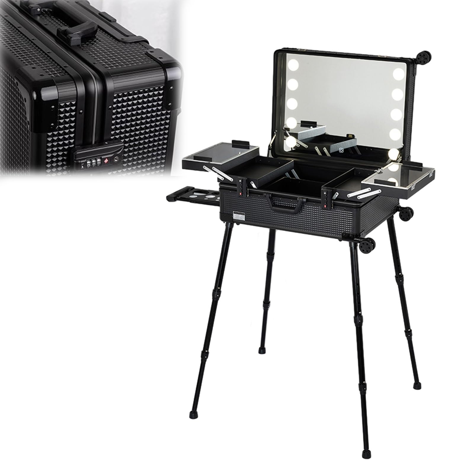 Generico Wózek kosmetyczny z kółkami, bardzo duży aluminiowy wózek ze zintegrowanymi diodami LED, profesjonalny organizer kosmetyków, studio ze stojakiem, podświetlana stacja do makijażu z kółkami,