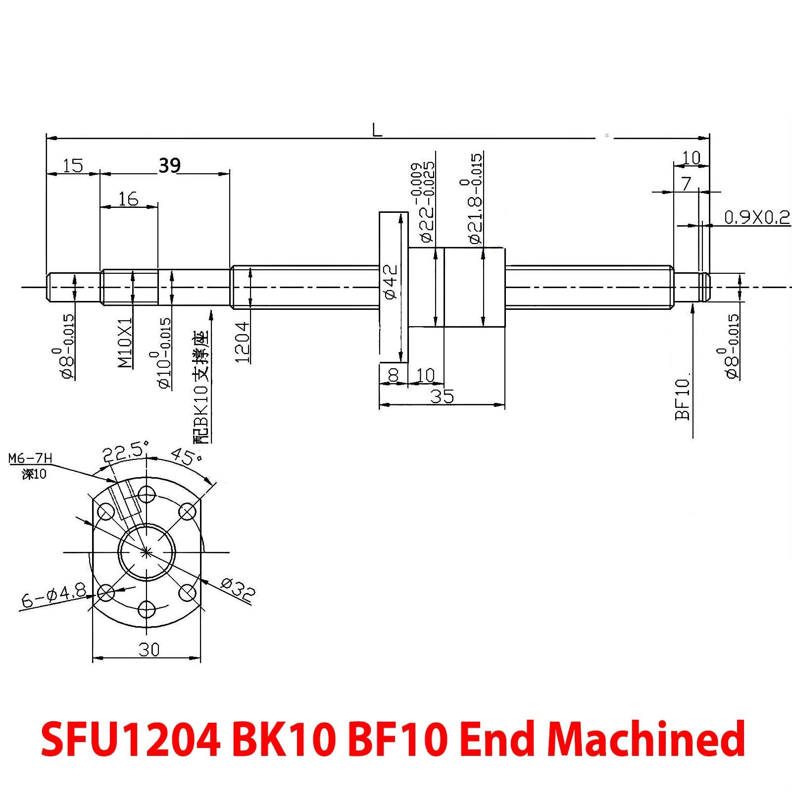 Vite a ricircolo di sfere C7 1204 diametro 12 mm, passo 4 mm, estremità lavorata BK10 BF10 filettatura destra SFU1204 con dado a ricircolo di sfere viaggio a tappe(400mm)
