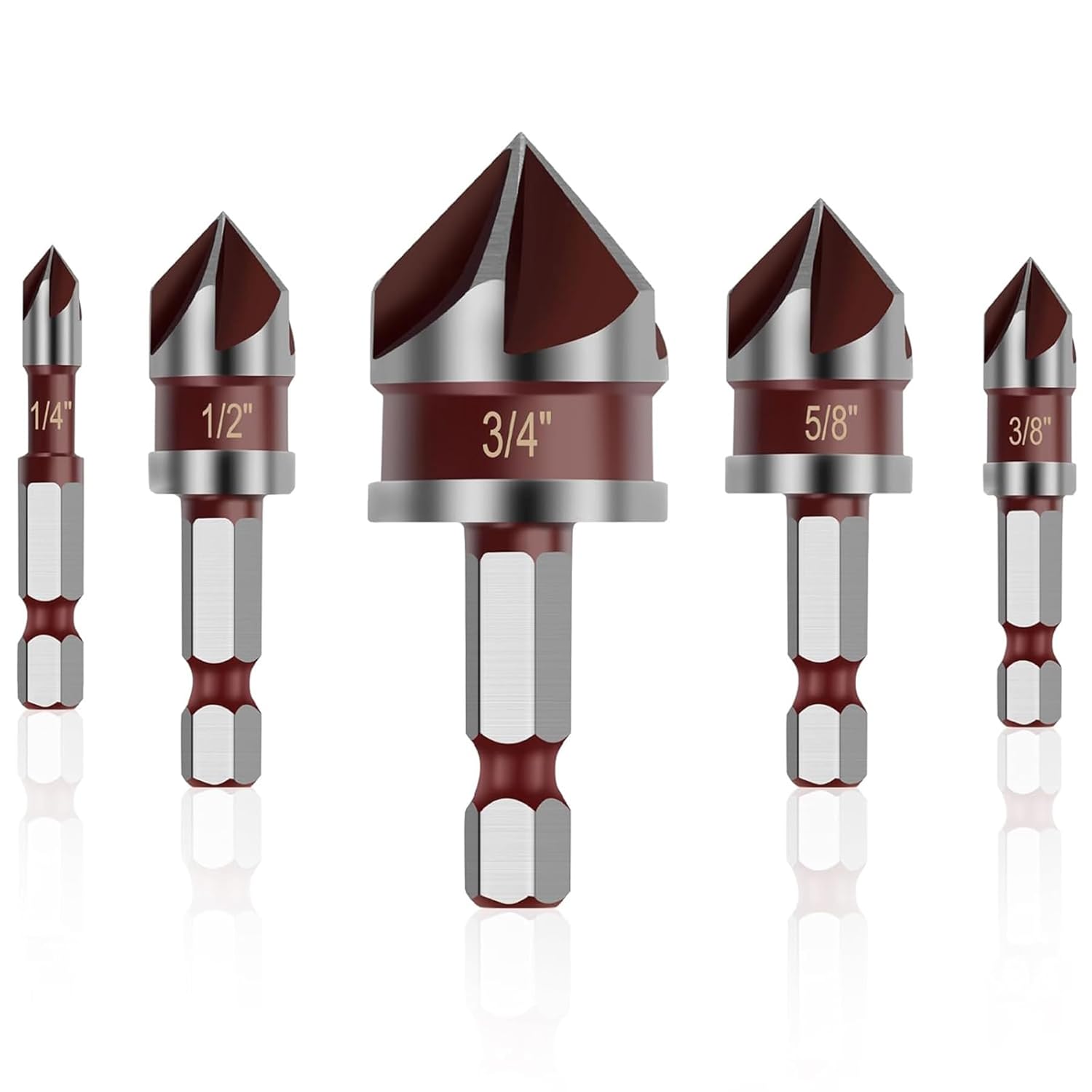 Countersink Drill Bit, 5PCS 82 Degree HSS 1/4"-3/4" with 1/4" Hex Shank Countersink Drill Bit Set, Counter Sink Drill Bit for Wood, Metal, Plastic, Countersink Bit for Woodwork