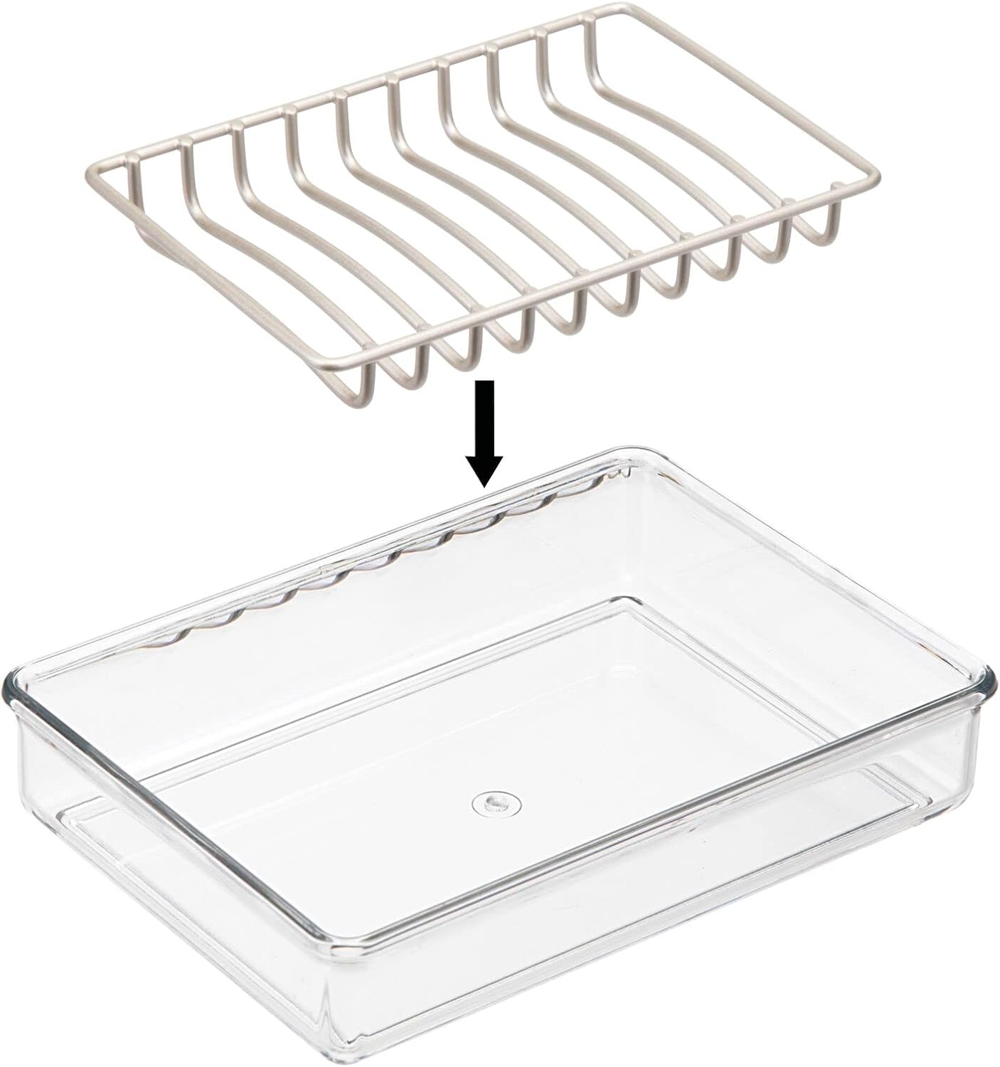 mDesign 2-Piece Soap Dish Tray with Drainage Grid and Holder for Kitchen Sink Countertops to Store Bar Soap, Sponges, Scrubbers - Plastic Tray with Metal Wire Insert - 2 Pack - Clear/Satin