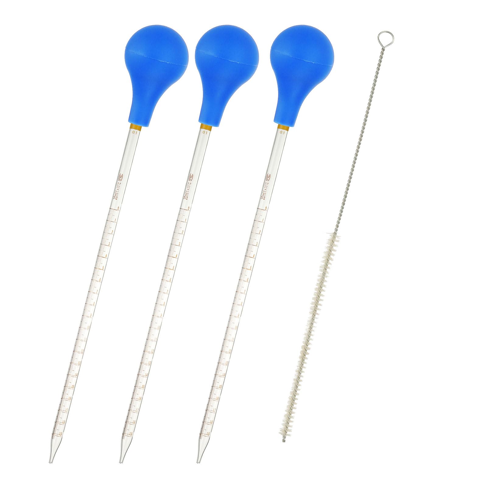 PATIKIL Pipetta Contagocce Vetro Kit, 3Pz 20ml Pipette Vetro Borosilicato Graduate con Tappo in Gomma Blu e Pennello per Trasferimento Liquidi per Laboratorio, Chimica, Trasparente