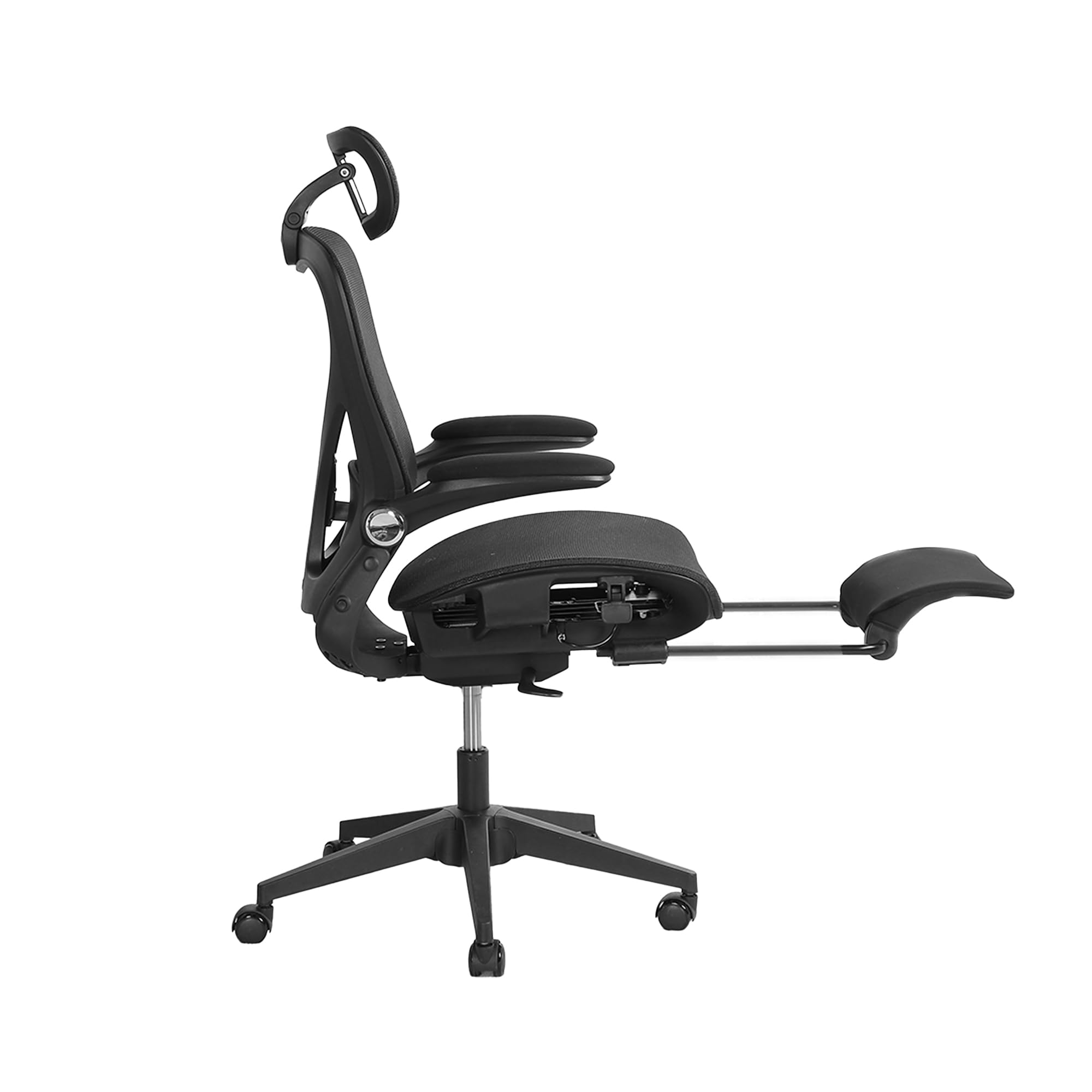 MURUL Silla de oficina ergonómica plegable negra con soporte lumbar, respaldo de malla y cojín de asiento, reposabrazos plegables, reposacabezas 3D, reposapiés, altura ajustable