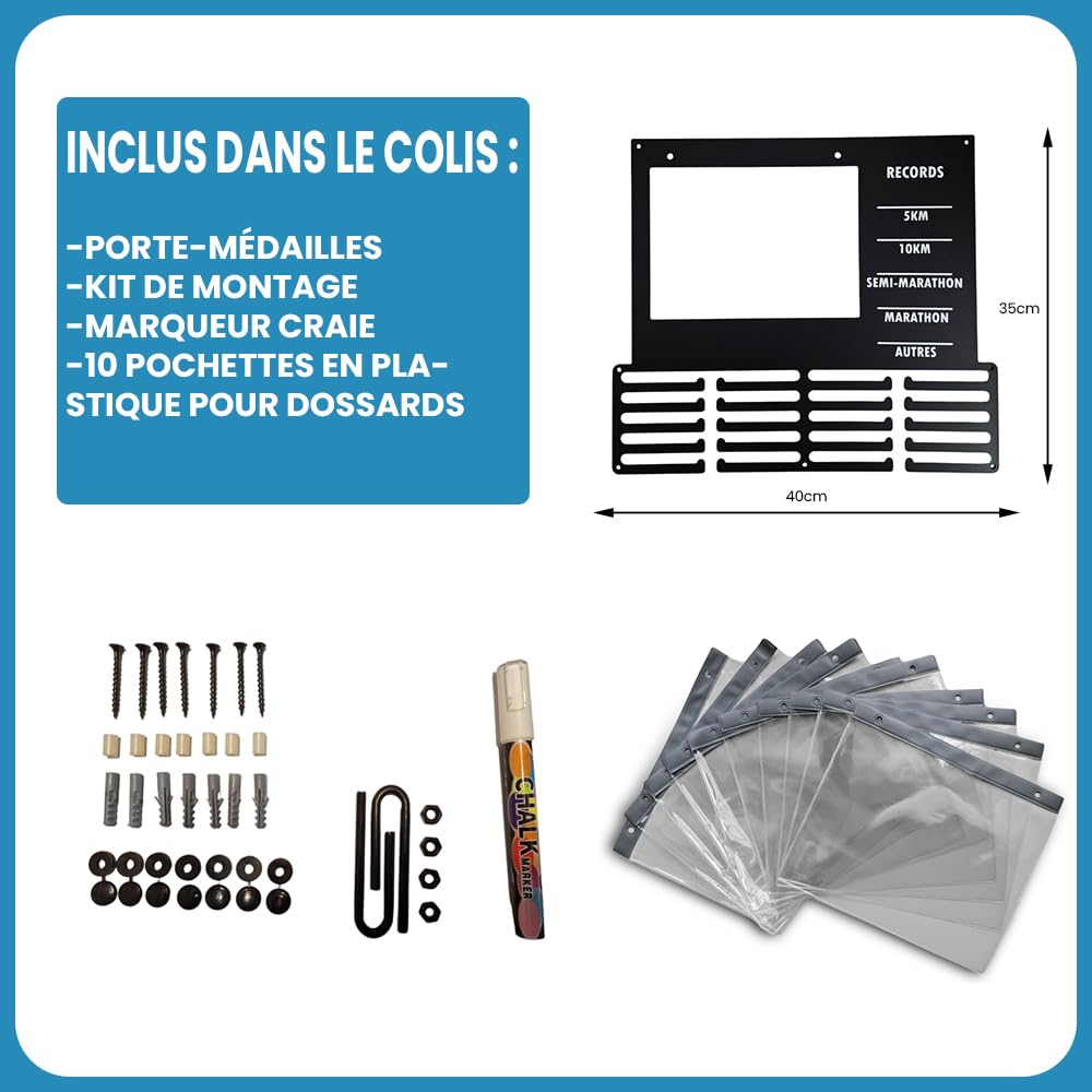 Porte Médailles Course à Pied – Tableau Ardoise Records Personnels & Range Dossards – Présentoir Running Marathon, Semi, 10km, 5km – Cadeau Coureur