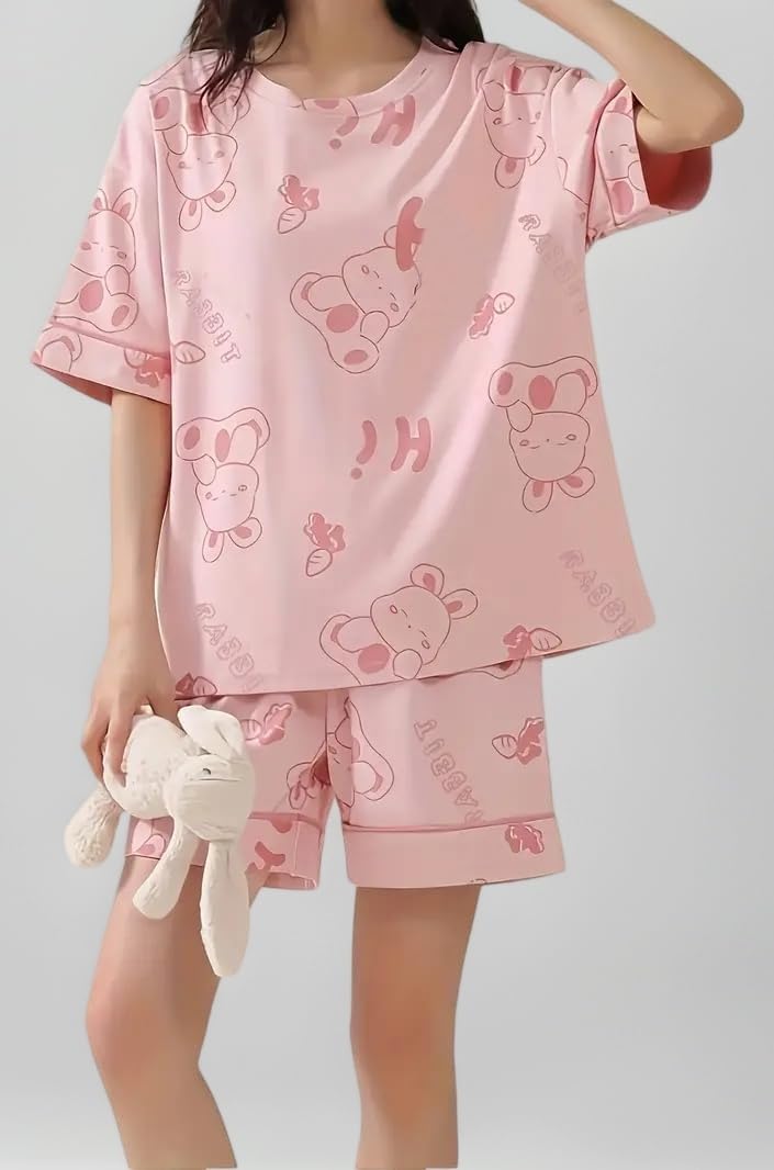Womens Korean Night Dress || Short Pyjama Set || Korean Nightsuit || Women Nightwear ||Round Neck Short Sleeve Nightsuit || Loungewear || Everyday Nightdress (ND-01)