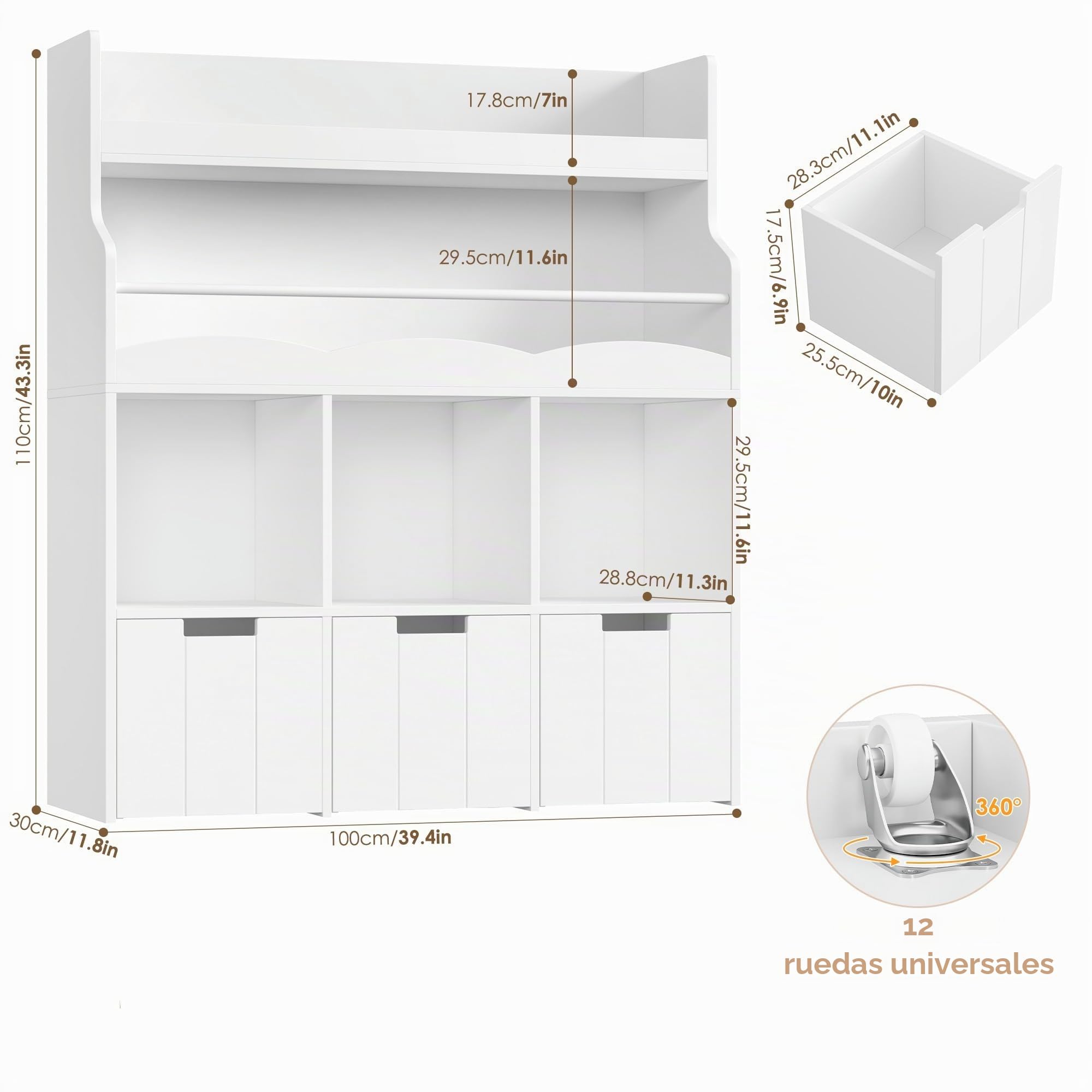 HOCSOK Mueble Almacenaje Juguetes, Mueble Juguetes Organizador, Librería Infantil Montessori, Estantería Infantil para Jugetes y Libros, Organizador Juguetes Infantil, Blanco, 110x100x30cm