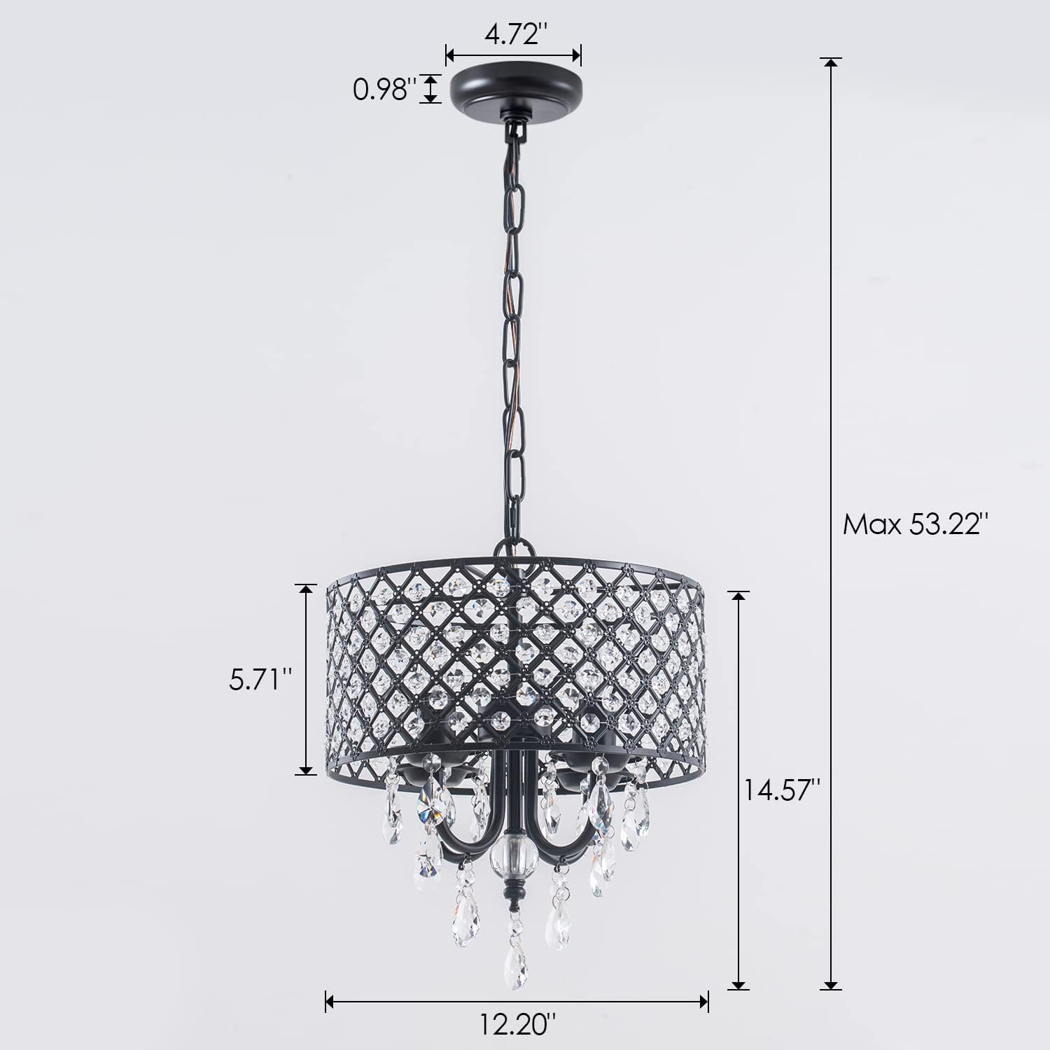 VILUXY Black Crystal Chandelier Modern Ceiling Pendant Light Fixture Drum Raindrop 4-Light Hanging Light for Bedroom Kitchen Island Dining Room Entry