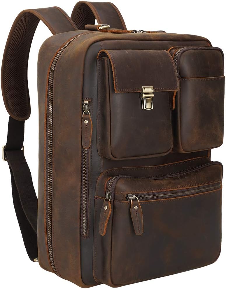 TIDING Men's 17.3 Inch Leather Convertible Backpack Large Capacity Laptop Briefcase Messenger Bag(Updated Version)