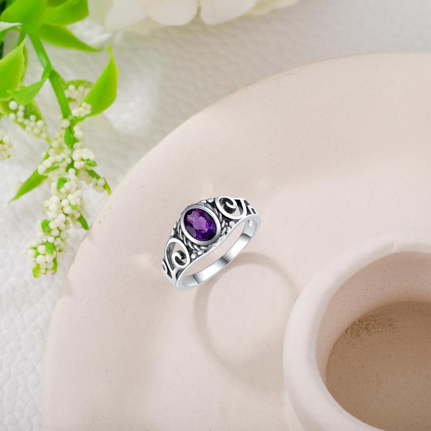 Amethyst Engagement Rings for Women Sterling Silver 7x5 MM Oval Shaped Gemstone Filigree Rings Vintage Western Jewelry Birthday Gifts Size 4-11 - Image 6