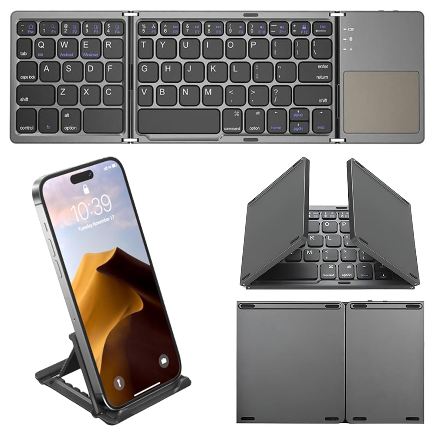 Foldable Bluetooth Keyboard, Tri-Folding Portable Wireless Keyboard with Touchpad, Mini Ergonomic Folding Keyboard Ultrathin, Sync up to 3 Devices, for Windows iOS, Android-image-18