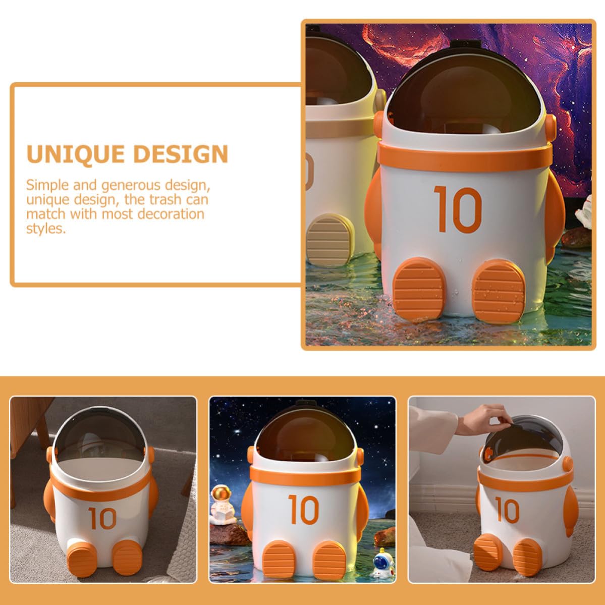 SHINEOFI Plastic Kitchen Bin with Lid Garbage Can Cartoon Spaceman Design Safe and Practical Wastepaper Storage Holder for Bedroom and Restaurant Use