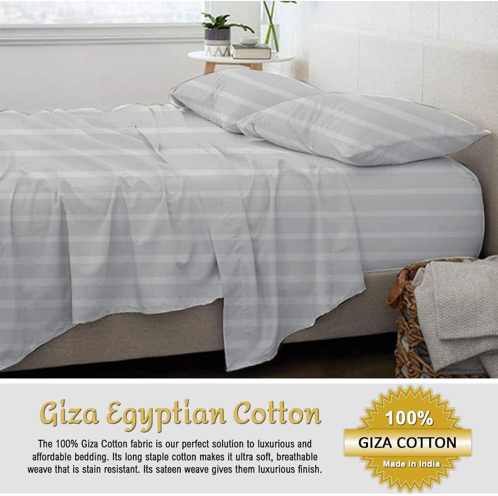 100% Giza Egyptian Cotton King Sheet Set 4 Piece, Sateen Weave Bed Sheets, Ultra Soft, 16" Deep Pockets with All Around Elastic for a Snug Fit, Luxury King Size Bedding, Light Grey Stripe