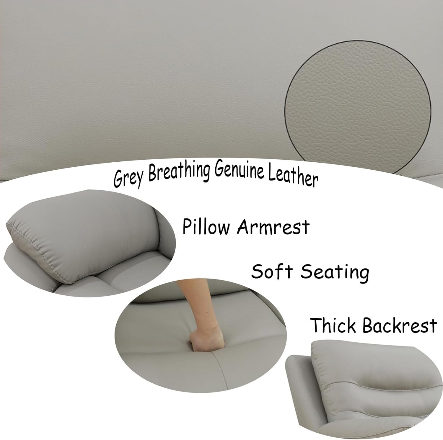 Power Reclining Sofa Set, Genuine Leather Recliner Sofa Set,Living Room Furniture Setwith USB Charging and LED Lights,for Living Room/Apartment/Office/Home Theather,Light Grey,L+S