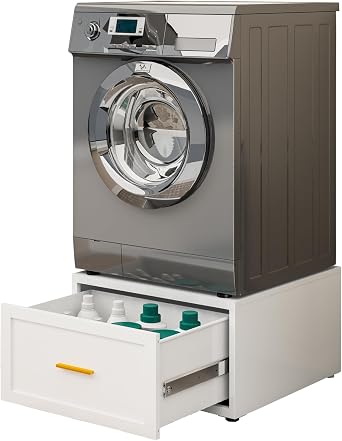 28 W Washer Dryer Pedestal, Heavy Duty Metal Washer Pedestal with Drawer, 440LBS Universal Laundry Pedestal, Washing Machine Stand with Adjustable Feet, 16 Height 1pack-White