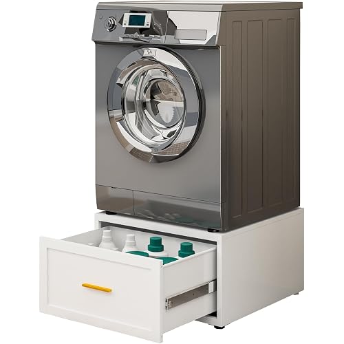 28” W Washer Dryer Pedestal, Heavy Duty Metal Washer Pedestal with Drawer, 440LBS Universal Laundry Pedestal, Washing Machine Stand with Adjustable Feet, 16'' Height (1pack-White)