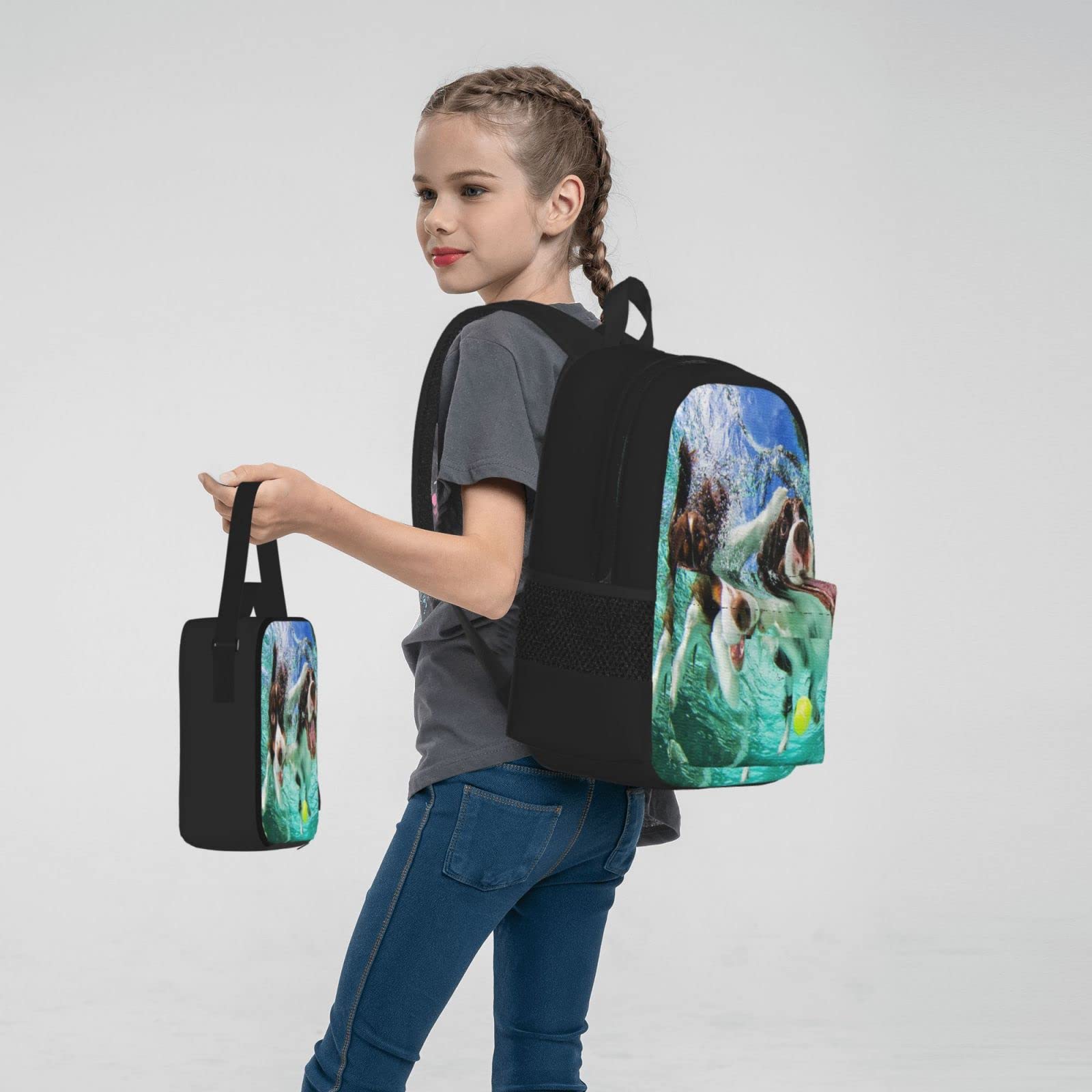 Set di 3 zaini con cani subacquei e cani che nuotano, borsa, astuccio e borsa per il pranzo, per uomini, donne, ragazzi e ragazze.